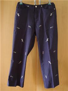 Dark blue capri pants - embroidered pink flowers